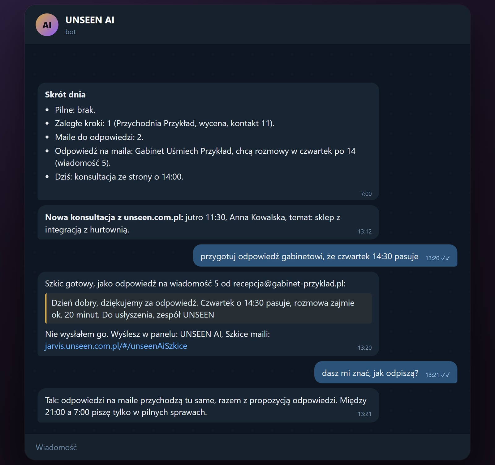 Agent UNSEEN AI pisze pierwszy: poranny skrót dnia, nowa konsultacja ze strony i szkic odpowiedzi na maila do wysłania w panelu