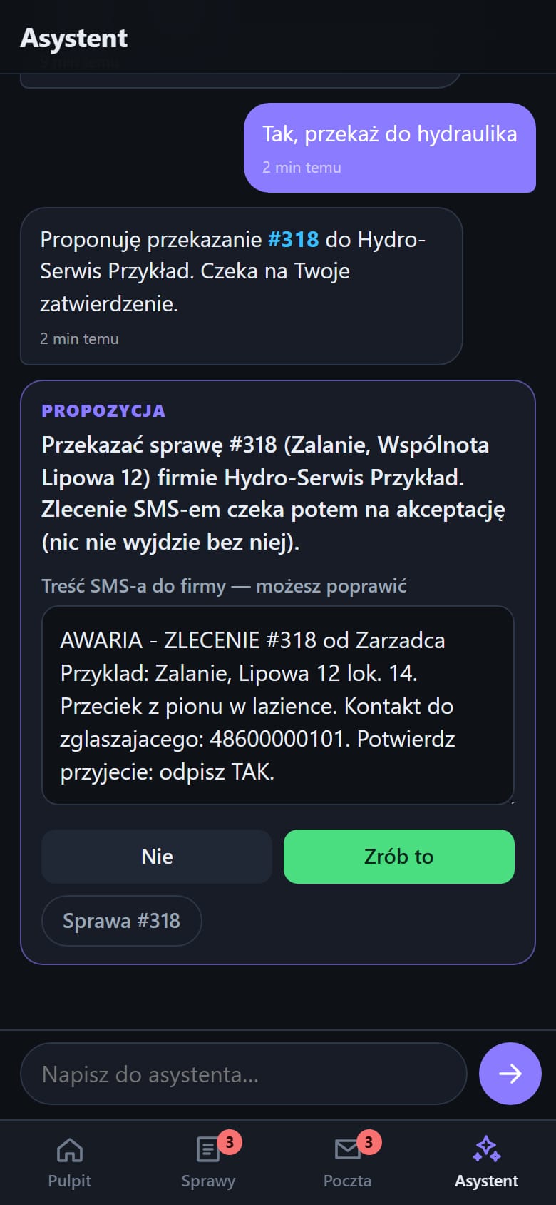 Asystent AI w aplikacji na telefon: propozycja przekazania sprawy wykonawcy z treścią SMS-a do poprawienia i przyciskami Nie oraz Zrób to