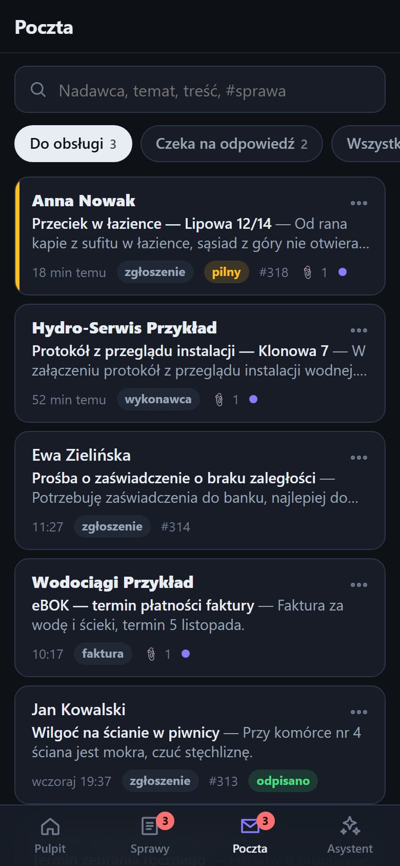 Poczta w aplikacji na telefon: listy z rozpoznanym rodzajem (zgłoszenie, wykonawca, faktura), numerem sprawy i oznaczeniem pilności