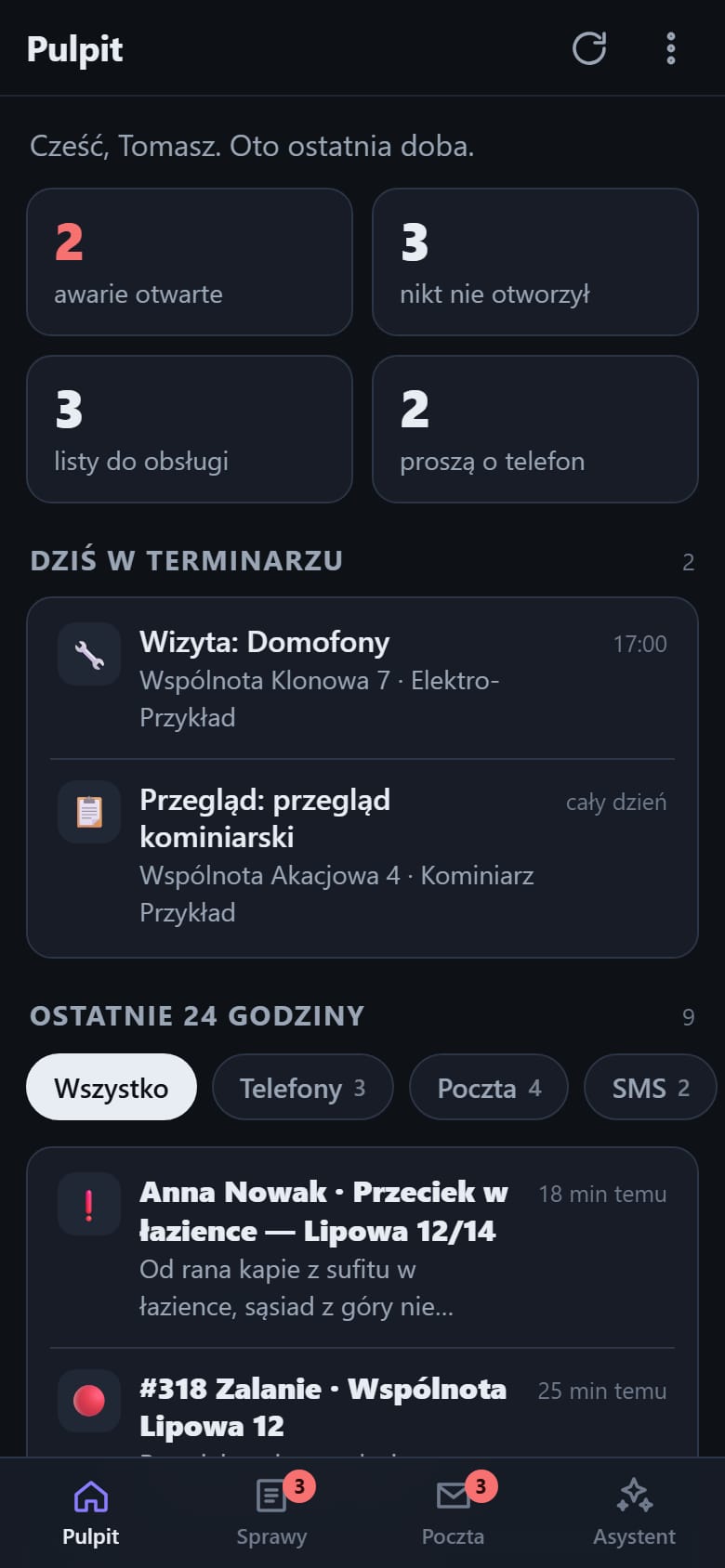 Pulpit aplikacji na telefonie: awarie otwarte, sprawy, których nikt nie otworzył, terminy na dziś i ostatnie 24 godziny