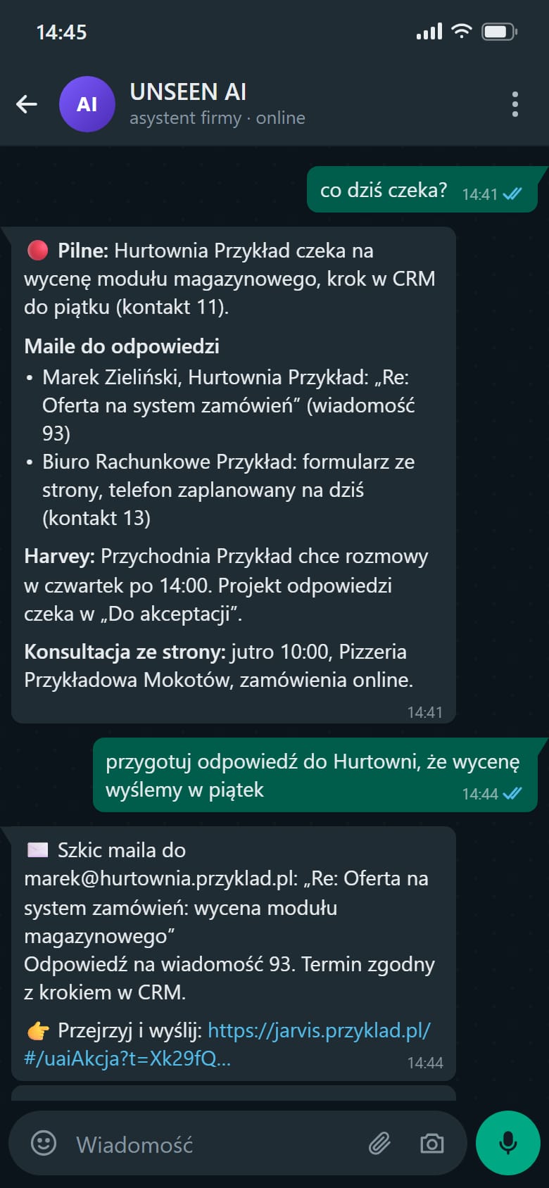 Ten sam agent na WhatsAppie: skrót dnia z CRM i poczty, potem szkic maila do klienta z jednorazowym linkiem do panelu